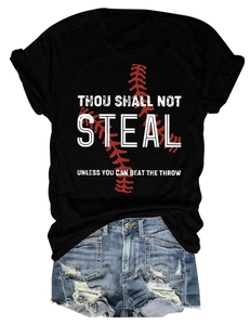 Flat lay of black round neck T-shirt with baseball graphic print and denim shorts