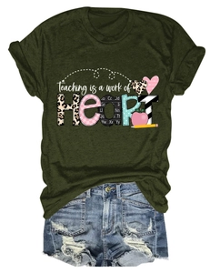 Detail view of the colorful leopard heart art print on olive green short sleeve T-shirt