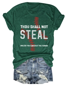 Detail of green T-shirt with baseball text print tucked into distressed denim shorts