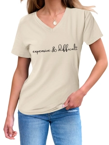 Detail of V-neck beige T-shirt featuring expensive and difficult artistic print