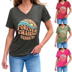 Women's V-neck T-shirt with Forever Chasing Sunsets print in four available colors