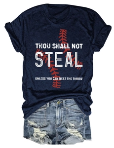 Flat lay of navy crew neck t-shirt with baseball graphic and distressed denim shorts