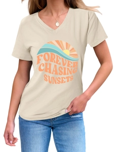 Detail of V-neck casual T-shirt featuring a colorful Forever Chasing Sunsets graphic print