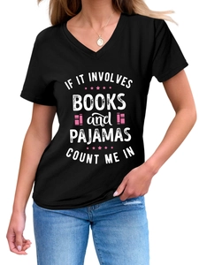 Detail of V-neck cotton T-shirt featuring printed books and pajamas slogan in pink
