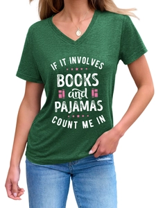Detail of V-neck t-shirt fabric and IF IT INVOLVES BOOKS slogan print in pink and white