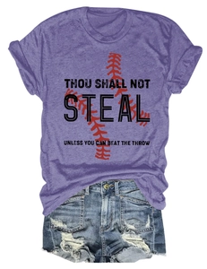 Detail of purple cotton T-shirt with baseball print and distressed blue denim shorts