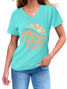 Detail of V-neck cotton T-shirt featuring sunset graphic and Forever Chasing Sunsets text