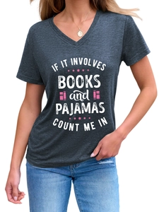 Detail of V-neck grey t-shirt showing the Books and Pajamas slogan graphic print