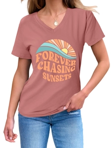 Detail of V-neck short sleeve T-shirt with Forever Chasing Sunsets graphic print