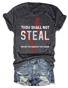 Detail of charcoal grey cotton t-shirt featuring red baseball stitching and white typography