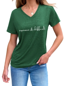 Detail of dark green V-neck T-shirt featuring expensive difficult script print