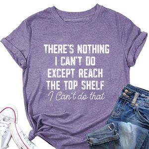 Detail of purple cotton T-shirt with white quote print and stylish side knot detail