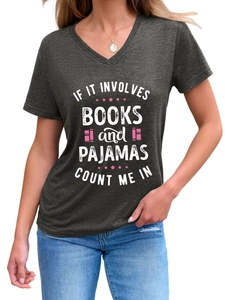 Detail of V-neck charcoal grey T-shirt with soft knit texture and book-themed graphic print