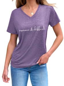 Detail of V-neck short sleeve T-shirt in heather purple with white text print