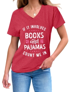 Detail of red V-neck T-shirt with 'Books and Pajamas' graphic print and soft cotton fabric
