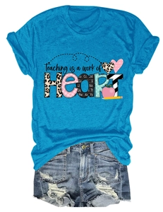 Detail view of T-shirt print Teaching is a work of Heart with teacher themed graphics