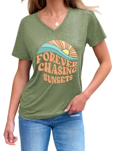 Detail of V-neck T-shirt in heather green with Forever Chasing Sunsets vintage print