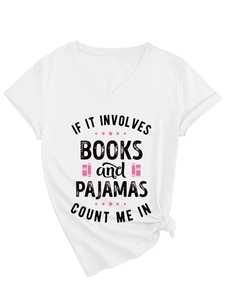 Detail of V-neck white cotton t-shirt featuring book theme print and stylish front hem knot