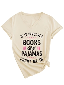 Detail of V-neck T-shirt showing printed book quote and trendy front knot style