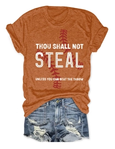 Orange baseball T-shirt with Thou Shall Not Steal text paired with denim shorts