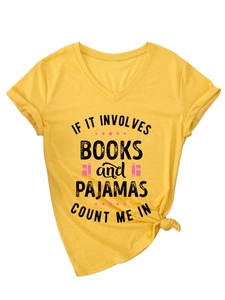 Detail of V-neck yellow tee with book slogan print and decorative knot at the hem