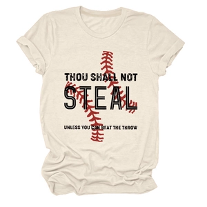 Detail of baseball stitch print and humor slogan on cream short sleeve t-shirt