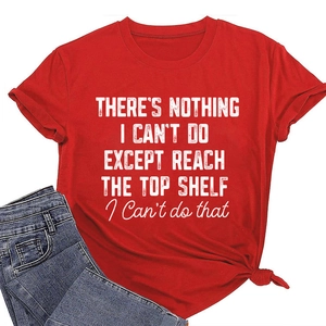 Detail of red crew neck t-shirt with white slogan print and stylish front knot hem