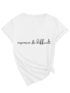 Detail of white V-neck T-shirt showing the knot hem and expensive difficult print
