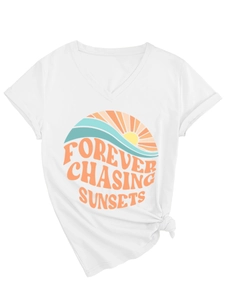 Detail of V-neck white T-shirt with side knot and Forever Chasing Sunsets print