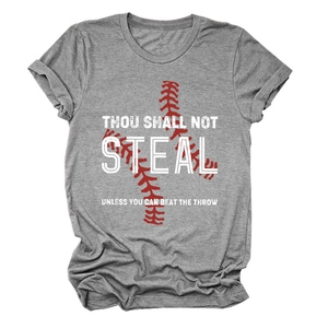 Detail of grey cotton T-shirt featuring red baseball stitching print and slogan