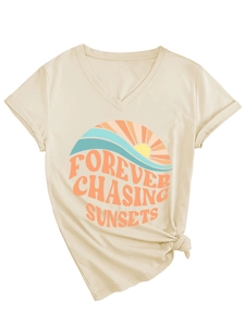 Detail view of V-neck T-shirt showing Forever Chasing Sunsets graphic and side knot