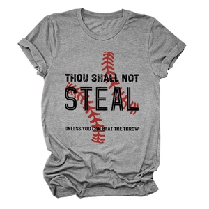 Detail of grey crewneck T-shirt showing baseball stitching and Thou Shall Not Steal print