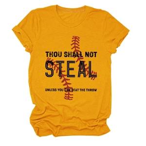 Detail of mustard yellow cotton T-shirt featuring red baseball stitching and black text print