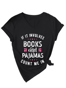 Detail of V-neck cotton T-shirt with 'BOOKS and PAJAMAS' slogan and side knot hem