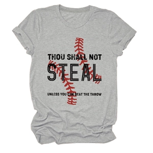 Detail of baseball stitch graphic and Thou Shall Not Steal text on grey cotton tee