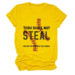 Detail of Thou Shall Not Steal baseball text print on yellow crewneck cotton t-shirt
