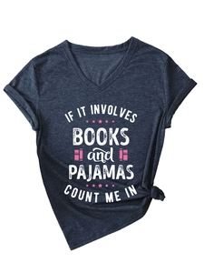 Detail of V-neck T-shirt featuring book quotes print and decorative front hem knot