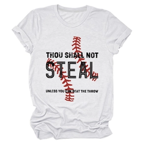 Detail of white cotton T-shirt featuring red baseball stitching and black printed quote