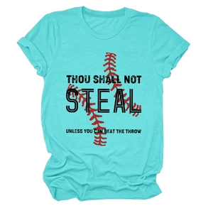 Detail of turquoise cotton T-shirt with baseball graphic and bold slogan print