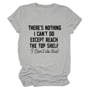 Macro view of grey round neck T-shirt featuring funny black letter print on fabric