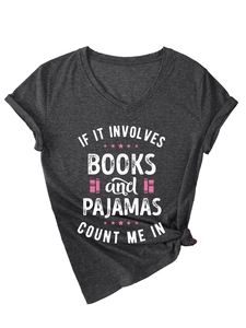 Detail of the V-neckline and slogan print on a charcoal gray short-sleeved cotton T-shirt