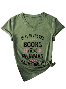 Detail of V-neck cotton tee showing the printed book quote and stylish tied hem knot