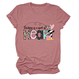 Detail of dusty rose teacher T-shirt showing Teaching is a work of HEART leopard print