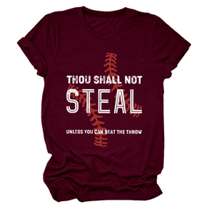 Detail of burgundy crew neck T-shirt with baseball-themed graphic and quote text