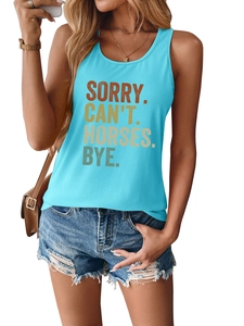 Detail of blue horse graphic tank top paired with denim shorts and leather bag