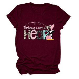 Detail of burgundy Teacher T-shirt showing Teaching is a work of HEART printed slogan