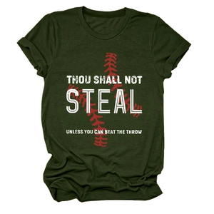 Detailed view of dark green t-shirt with baseball graphic and creative sports print