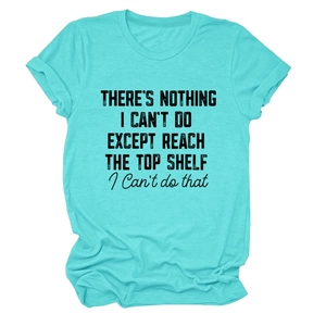 Detail of teal cotton T-shirt featuring funny black typography print on white background