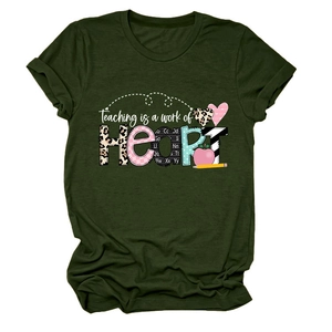 Detailed view of the dark green teacher t-shirt featuring artistic HEART lettering design