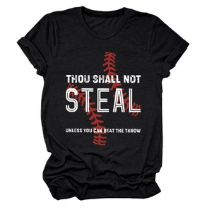 Detailed flat lay of black crew neck t-shirt with Thou Shall Not Steal baseball print